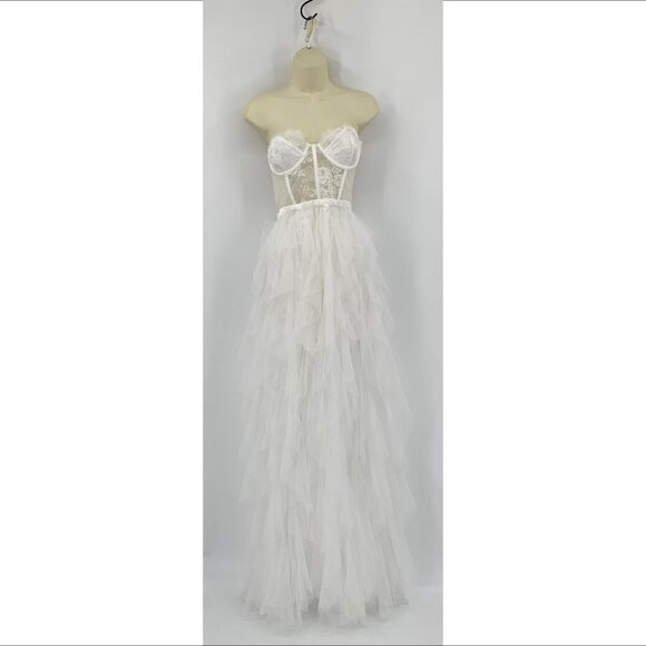 For Love & Lemons Bustier gown strapless maxi dress white ruffle tulle new Large - Picture 2 of 6